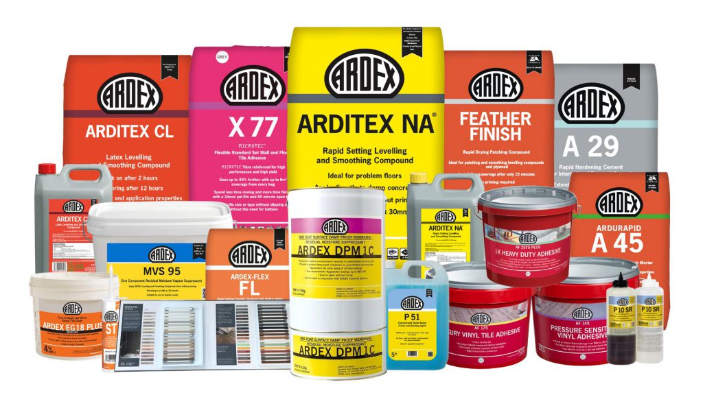 Ardex adhesives, levelling compounds and feather finish products including Arditex, Ardex NA and Ardex A45 for professional flooring and tiling