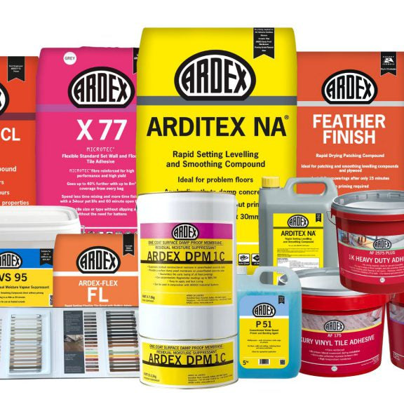 Ardex adhesives, levelling compounds and feather finish products including Arditex, Ardex NA and Ardex A45 for professional flooring and tiling