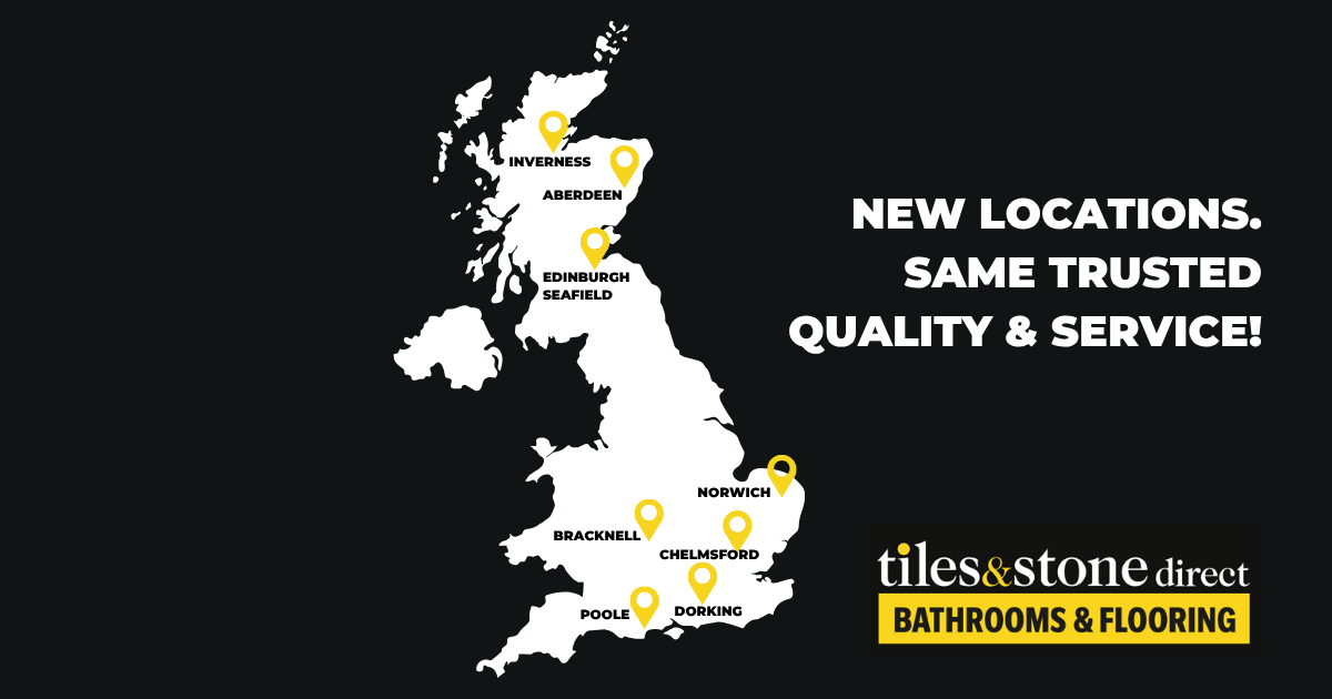 Tiles & Stone Direct UK location map showing store locations in Inverness, Aberdeen, Edinburgh Seafield, Norwich, Chelmsford, Bracknell, Dorking and Poole, with brand logo and “Bathrooms & Flooring” headline.