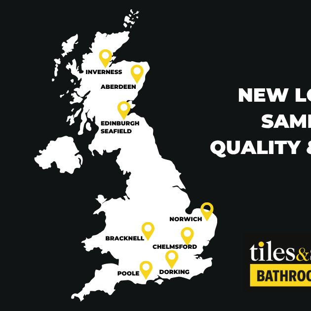 Tiles & Stone Direct UK location map showing store locations in Inverness, Aberdeen, Edinburgh Seafield, Norwich, Chelmsford, Bracknell, Dorking and Poole, with brand logo and “Bathrooms & Flooring” headline.
