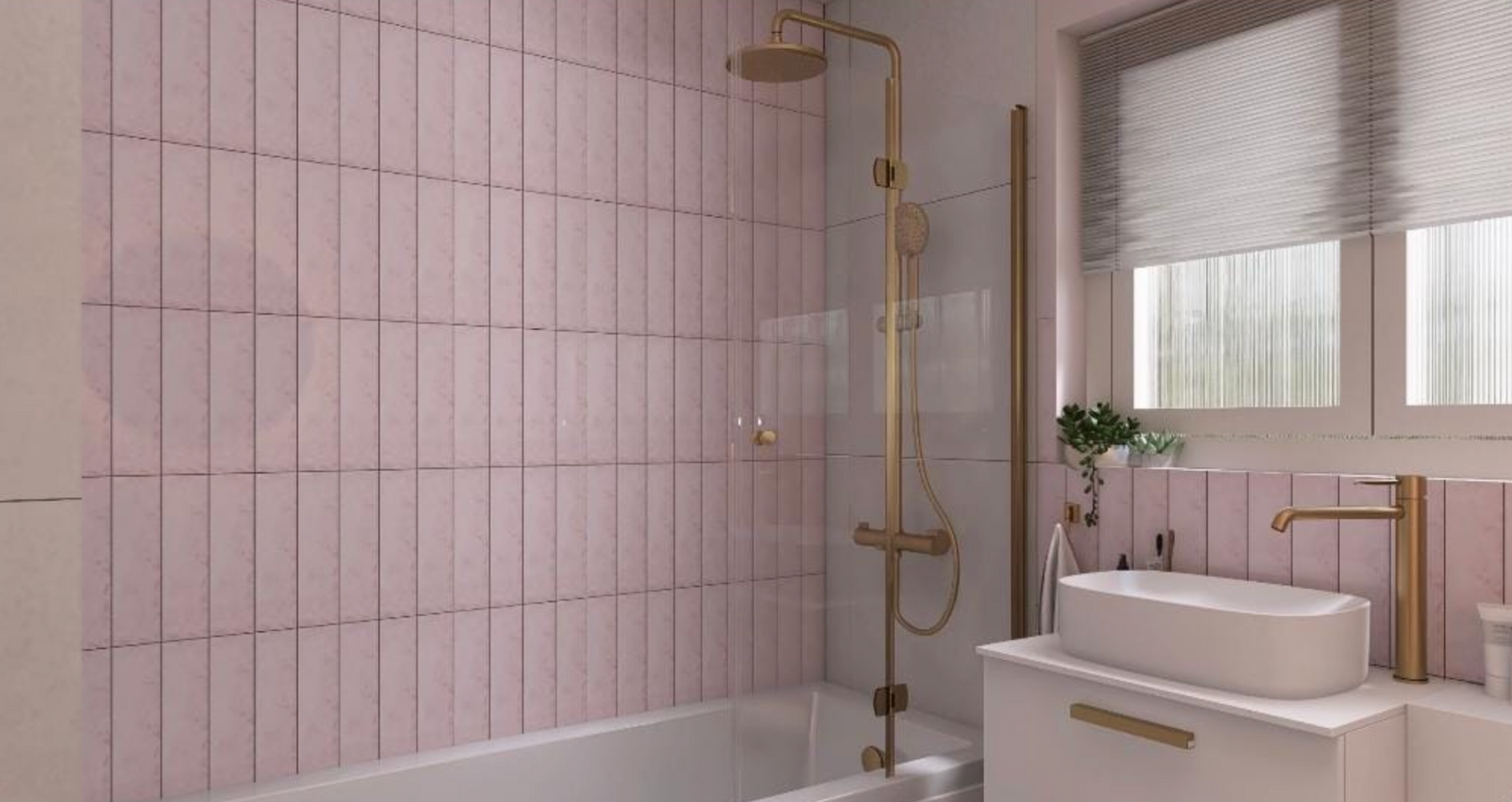 Pink bathroom tiles with brass shower fittings, glass screen bath and modern vanity unit in Chelmsford bathroom design