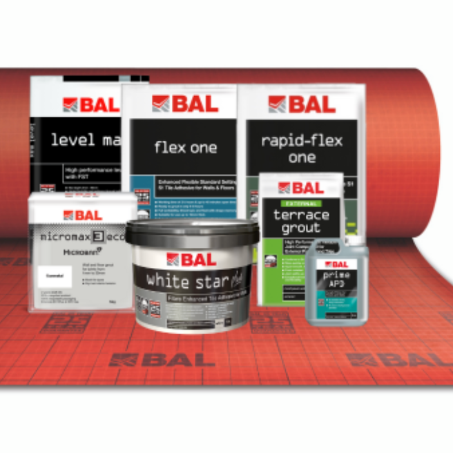 BAL tile adhesive, grout and levelling products including Flex One, Rapid-Flex One and White Star for professional tilers