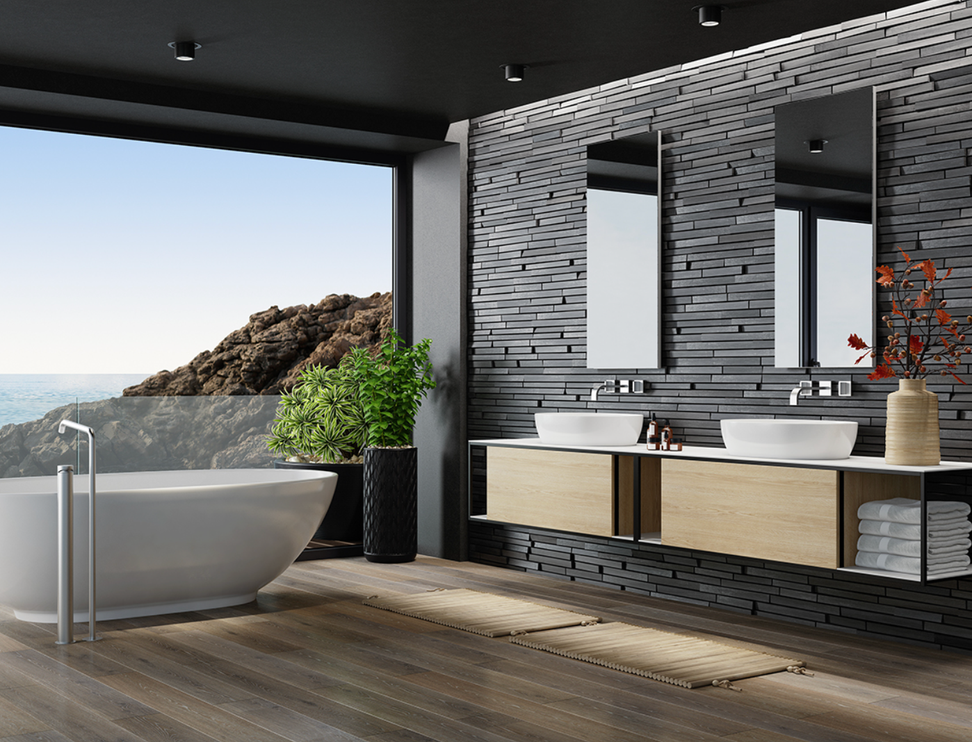 Modern luxury bathroom with stone effect wall tiles, freestanding bath and double vanity unit