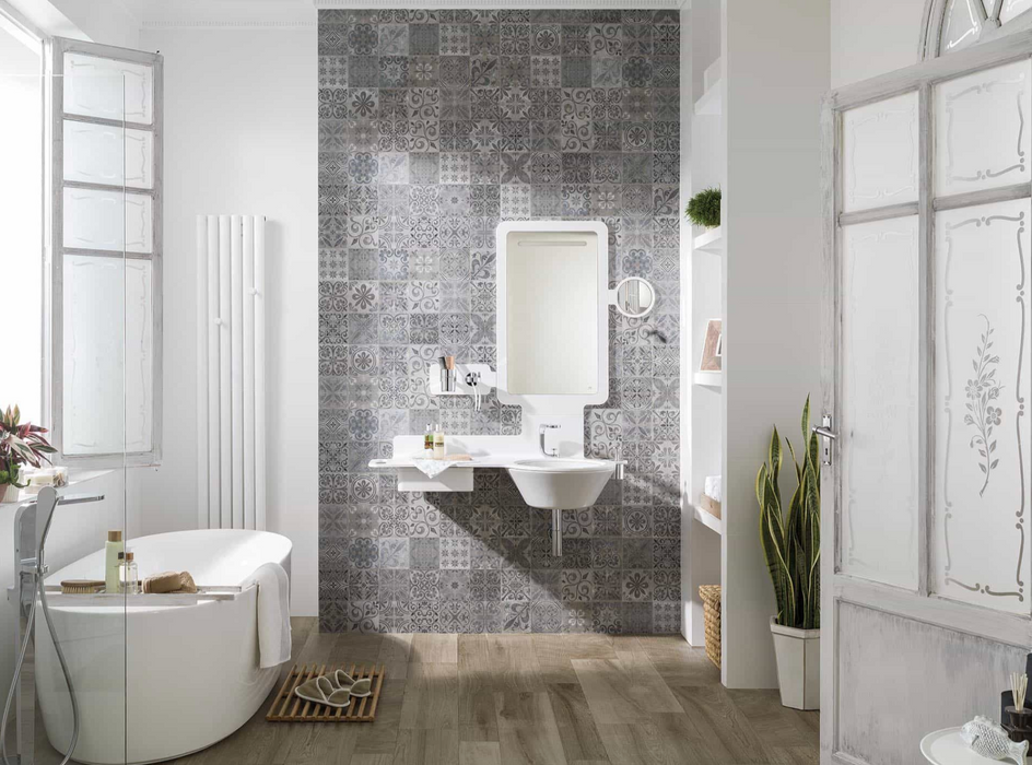 Porcelanosa Antique Blue 33.299999999999997x100cm shown in a styled room setting