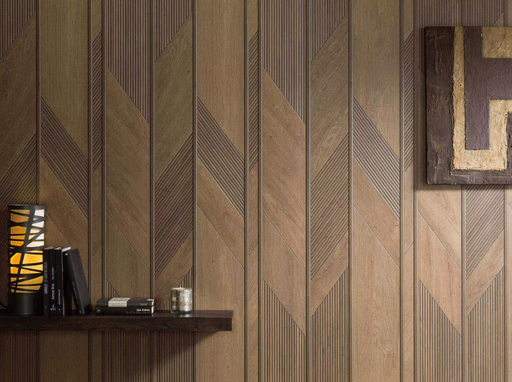 Porcelanosa Arrow 3D Roble 59.6x150cm shown in a styled room setting