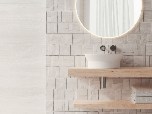 Porcelanosa Block Butan Bone 45x120cm shown in a styled room setting