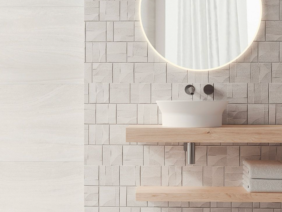 Porcelanosa Block Butan Bone L 33.299999999999997x59.2cm shown in a styled room setting