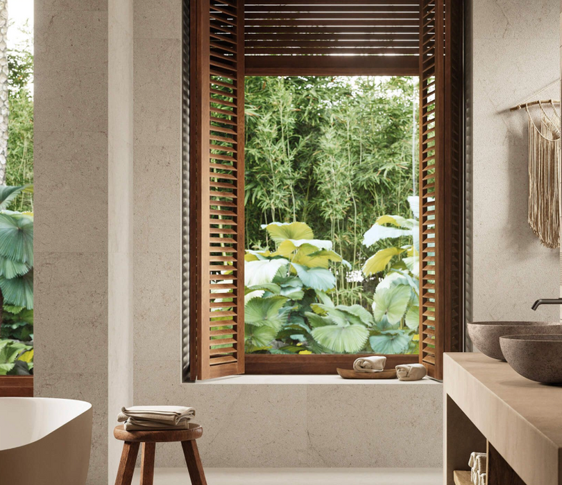 Porcelanosa Block Dorcia Bone 59.6x150cm shown in a styled room setting