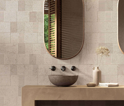 Porcelanosa Block Dorcia Bone 59.6x150cm shown in a styled room setting