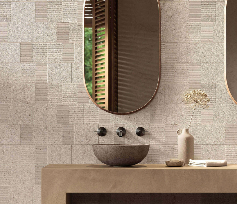 Porcelanosa Block Dorcia Bone 59.6x150cm shown in a styled room setting
