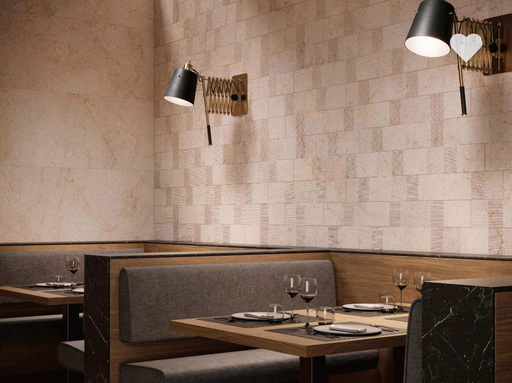 Porcelanosa Block Dorcia Marfil 59.6x150cm shown in a styled room setting