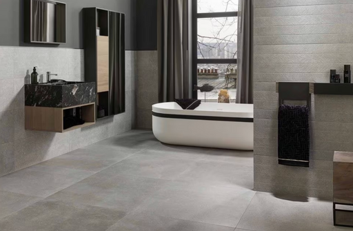 Porcelanosa Bottega Acero 45x120cm shown in a styled room setting