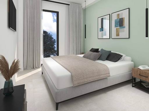 Porcelanosa Bottega Caliza L 44.3x44.3cm shown in a styled room setting