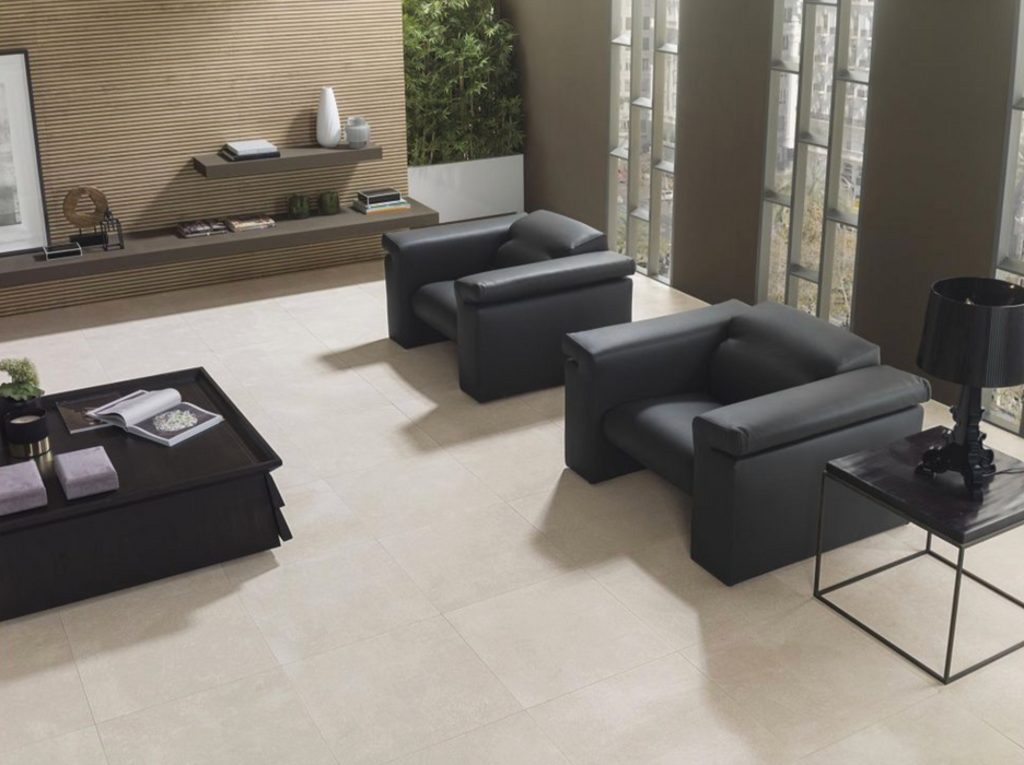Porcelanosa Bottega Caliza L 59.6x59.6cm shown in a styled room setting