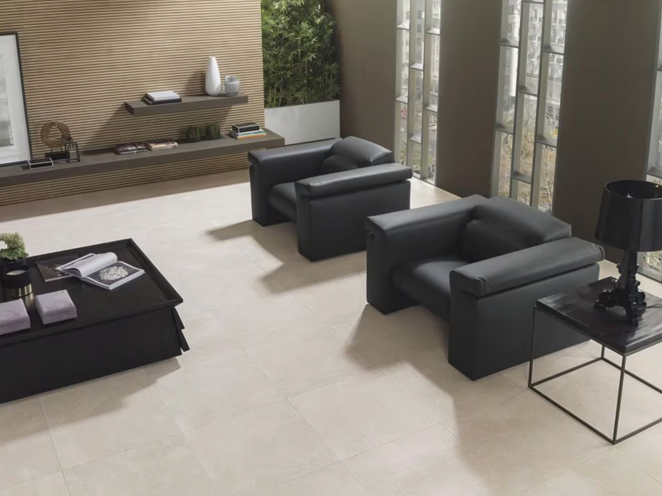 Porcelanosa Bottega Caliza L 59.6x59.6cm shown in a styled room setting