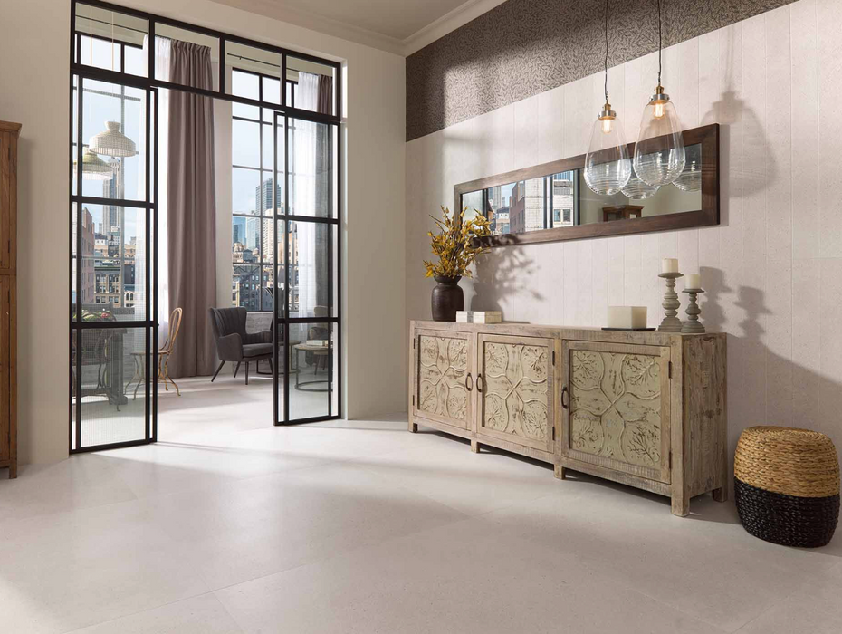 Porcelanosa Bottega White Ant.l 120x120cm shown in a styled room setting