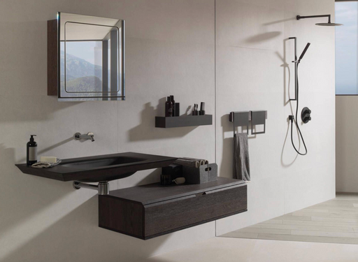 Porcelanosa Bottega White Ant.l 120x120cm shown in a styled room setting