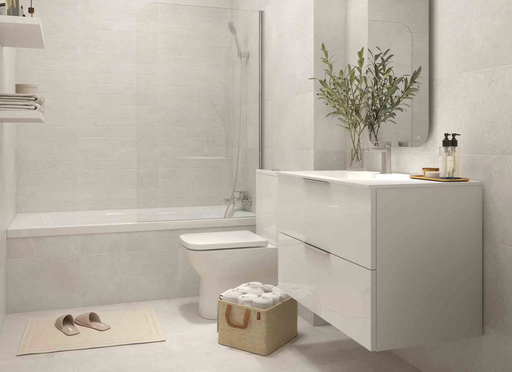Porcelanosa Bottega White L 44.3x44.3cm shown in a styled room setting
