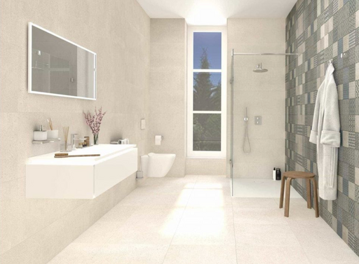Porcelanosa Bottega White L 59.6x59.6cm shown in a styled room setting