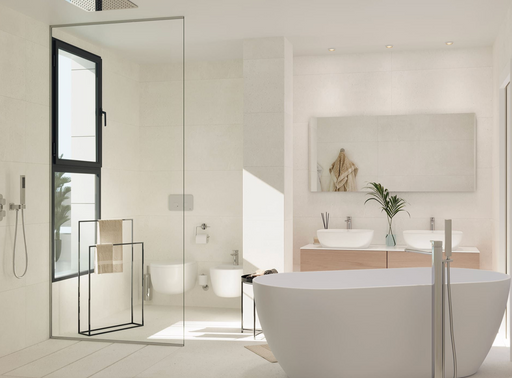 Porcelanosa Bottega White L 80x80cm shown in a styled room setting