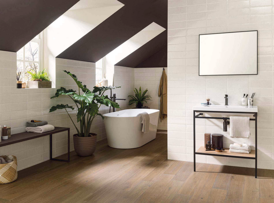 Porcelanosa Brick Vetri White L 33.299999999999997x59.2cm shown in a styled room setting