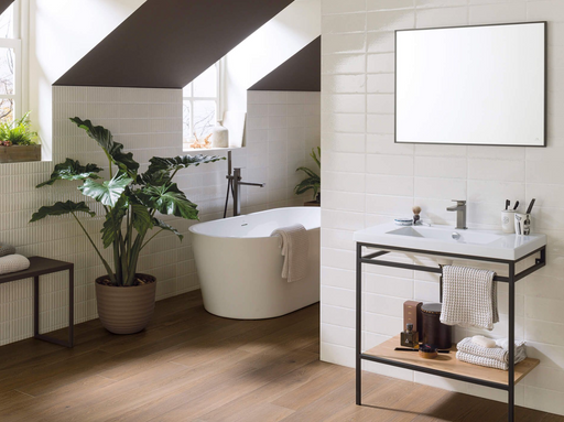 Porcelanosa Brick Vetri White L 33.299999999999997x59.2cm shown in a styled room setting