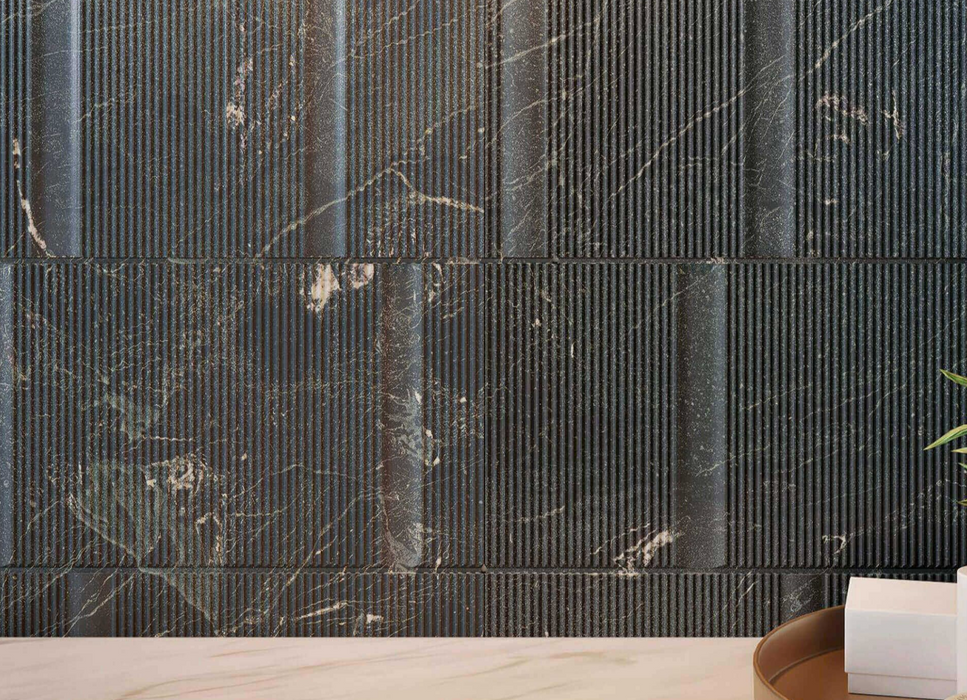 Porcelanosa Brooklyn Marquina 45x120cm shown in a styled room setting
