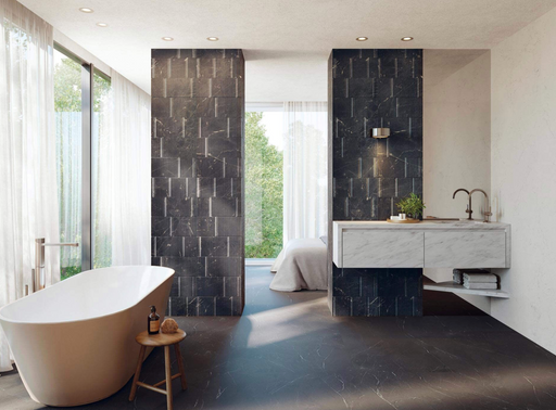 Porcelanosa Brooklyn Marquina 45x120cm shown in a styled room setting