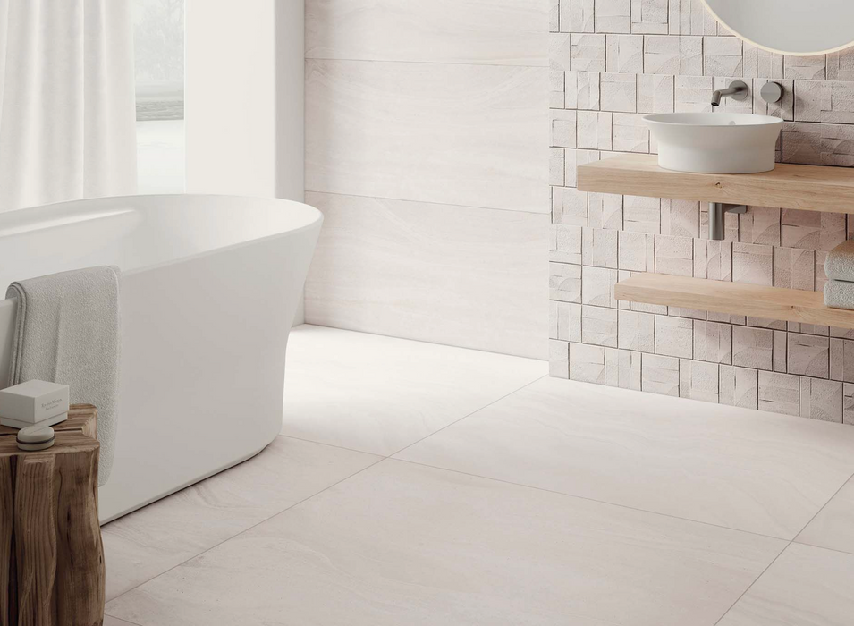Porcelanosa Butan Bone L 120x120cm shown in a styled room setting