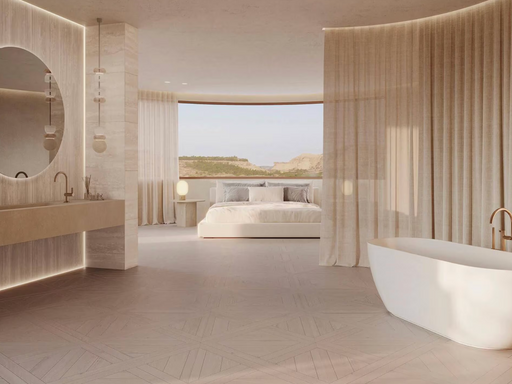 Porcelanosa Canal Roma Marfil 45x120cm shown in a styled room setting