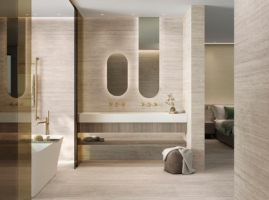 Porcelanosa Canal Taranto Bone 59.6x150cm shown in a styled room setting