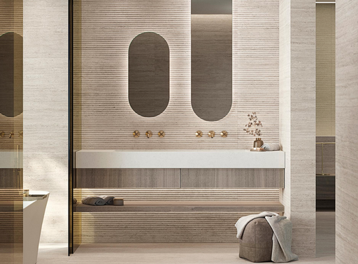 Porcelanosa Canal Taranto Bone 59.6x150cm shown in a styled room setting