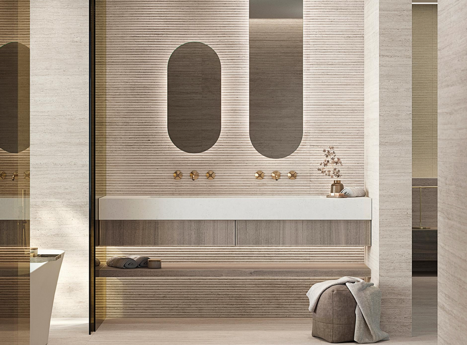 Porcelanosa Canal Taranto Bone 59.6x150cm shown in a styled room setting