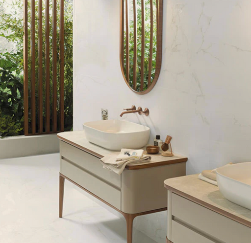 Porcelanosa Carrara Blanco Nat.l 44.3x44.3cm shown in a styled room setting