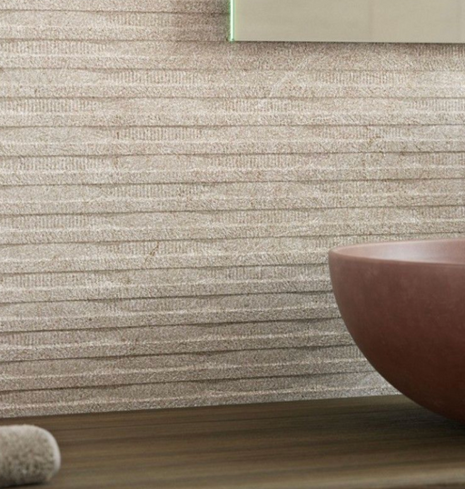 Porcelanosa Coin Saddle Caliza 45x120cm shown in a styled room setting
