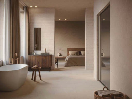 Porcelanosa Coral Caliza 45x120cm shown in a styled room setting