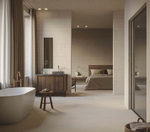 Porcelanosa Coral Caliza L 120x120cm shown in a styled room setting