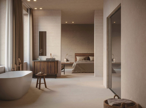 Porcelanosa Coral Caliza L 80x80cm shown in a styled room setting