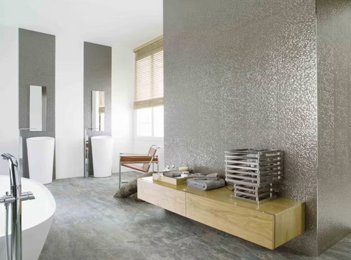Porcelanosa Cubica Silver(5p/c) 33.299999999999997x100cm shown in a styled room setting