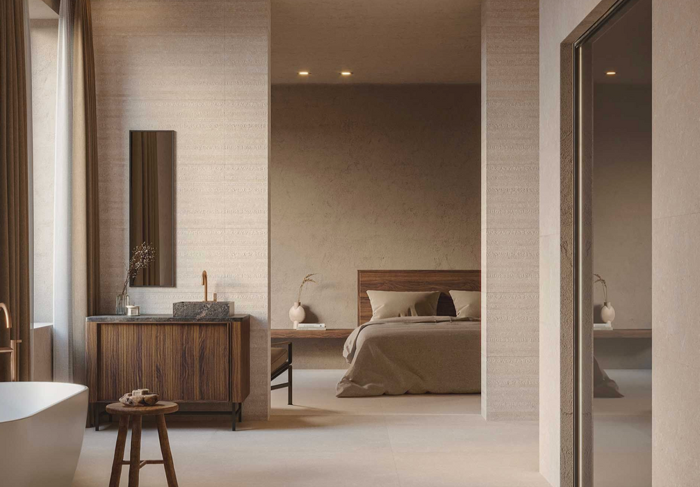 Porcelanosa Deco Coral Caliza 45x120cm shown in a styled room setting