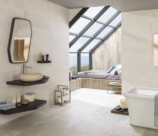 Porcelanosa Deco Harlem Caliza L 59.6x59.6cm shown in a styled room setting
