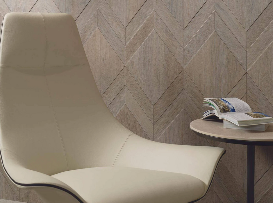 Porcelanosa Diamond 3D Silver 59.6x150cm shown in a styled room setting