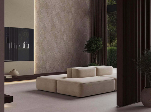 Porcelanosa Diamond 3D Silver 59.6x150cm shown in a styled room setting