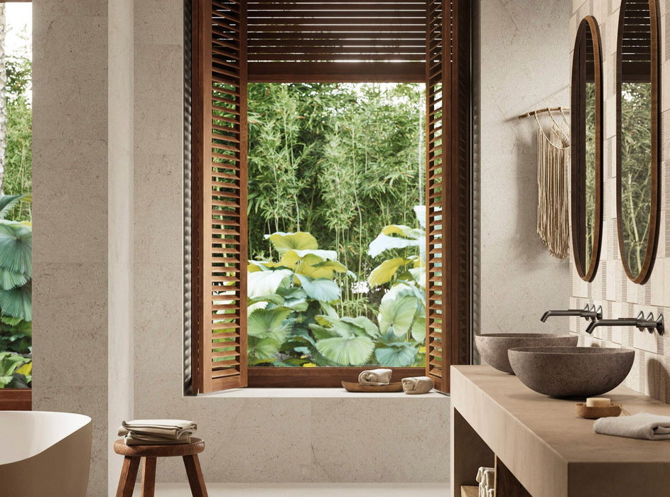 Porcelanosa Dorcia Bone 59.6x150cm shown in a styled room setting
