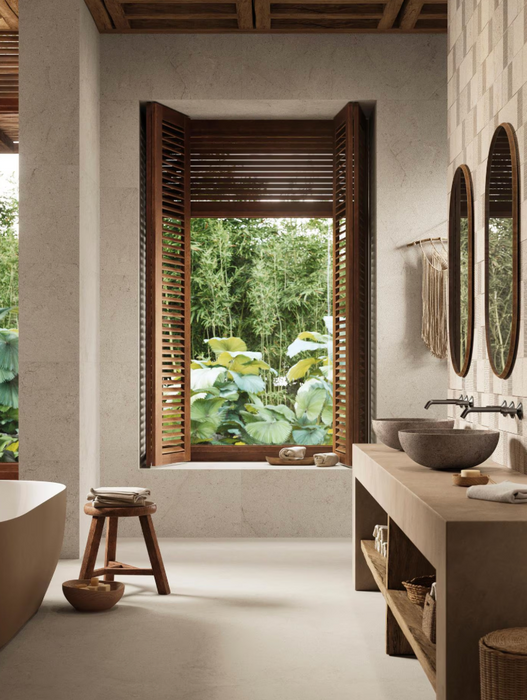 Porcelanosa Dorcia Bone C-2(r10) L 120x120cm shown in a styled room setting