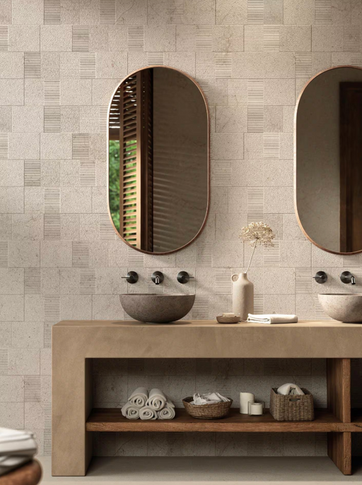 Porcelanosa Dorcia Bone C-2(r10) L 120x120cm shown in a styled room setting