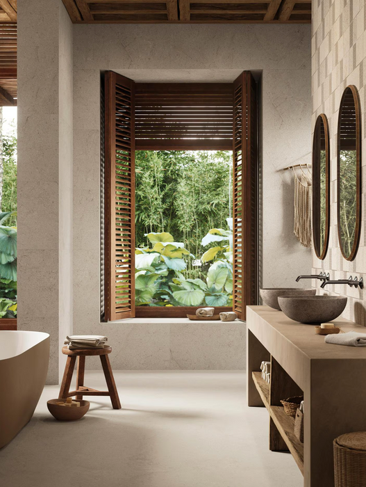 Porcelanosa Dorcia Bone C-2(r10) L 80x80cm shown in a styled room setting