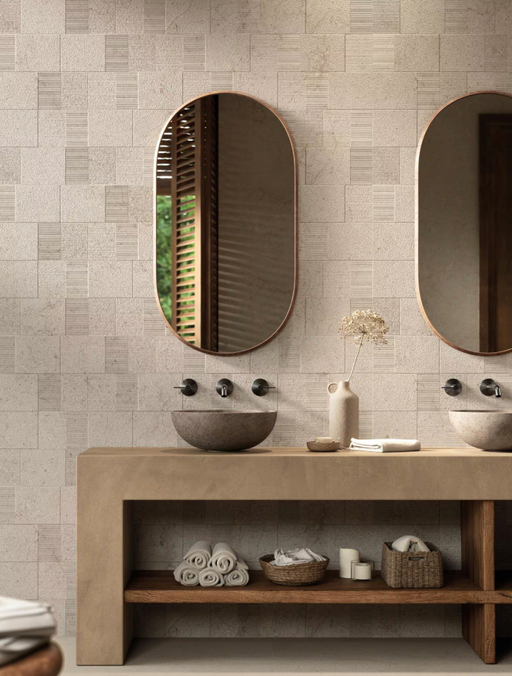 Porcelanosa Dorcia Bone C-2(r10) L 80x80cm shown in a styled room setting