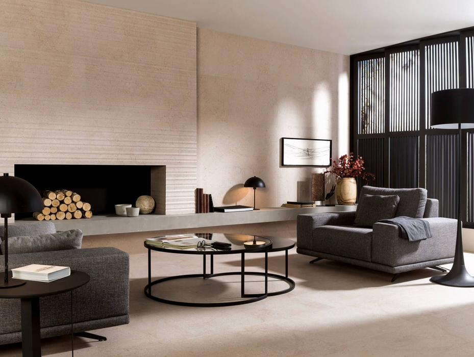 Porcelanosa Dorcia Marfil 59.6x150cm shown in a styled room setting