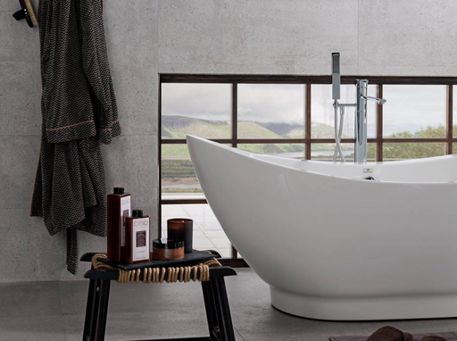 Porcelanosa Dover Acero L 59.6x59.6cm shown in a styled room setting